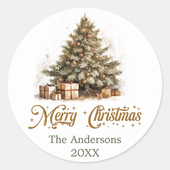 Cosy nature-inspired watercolor Christmas tree Classic Round Sticker (Front)