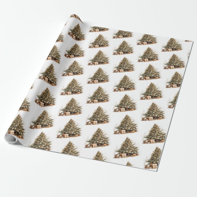 Cosy nature-inspired watercolor Christmas tree Wrapping Paper (Unrolled)