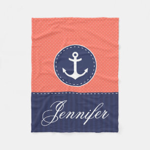 Cosy Nautical Coral Blue Anchor Custom Text Fleece Blanket