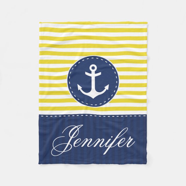 Cosy Nautical Yellow Blue Anchor Custom Text Fleece Blanket (Front)