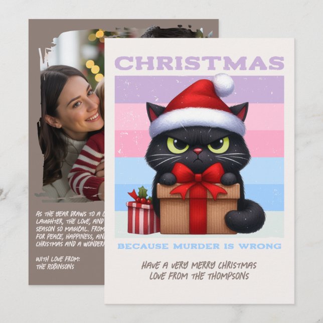 Cosy Neutral Funny Cat Retro Christmas Photo Holiday Card (Front/Back)