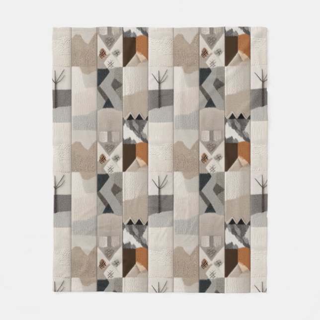 Cosy neutral patchwork pattern fleece blanket (Front)