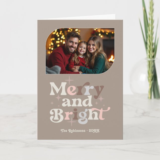 Cosy Neutrals Merry & Bright Retro Christmas Photo Holiday Card (Front)