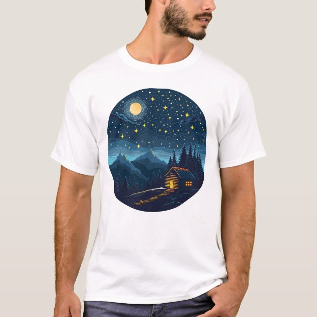 Cosy Night Cabin Under Starry Sky T-Shirt (Front)