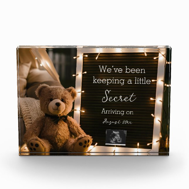 Cosy night with teddy bear pregnancy announcement photo block (Front)
