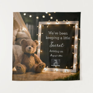 Cosy night with teddy bear pregnancy announcement tapestry