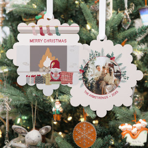 Cosy Nordic Gnome Fireplace Christmas Photo Tree Decoration Card