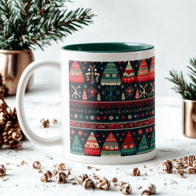 Cosy Nordic Pattern Green Scandinavian Christmas Two-Tone Coffee Mug (Creator Uploaded)
