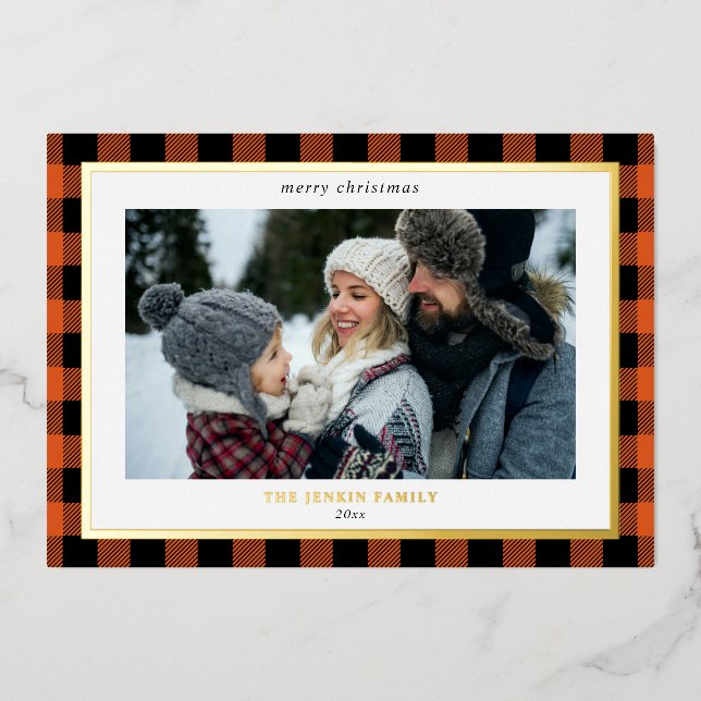 Cosy Orange Black Plaid Border 3 Photos Christmas Foil Holiday Card (Front)