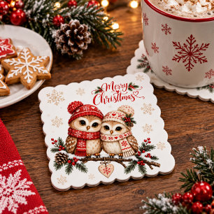 Cosy Owl Couple Scandinavian Christmas Party Paper Coaster