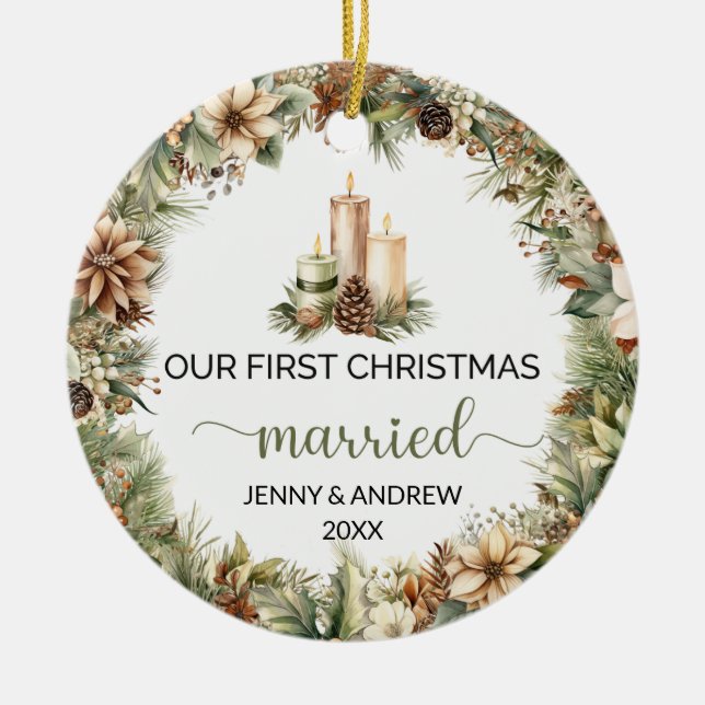 Cosy pastel green and beige Christmas candles Ceramic Tree Decoration (Front)