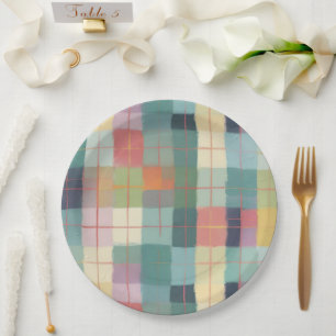 Cosy Pastel Plaid Pink Yellow Minty Green Paper Plate