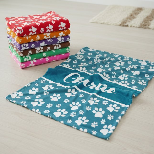 Cosy Paw Print Personalised Dog Blanket – Custom P (Colorful custom dog blankets - minky and cozy)