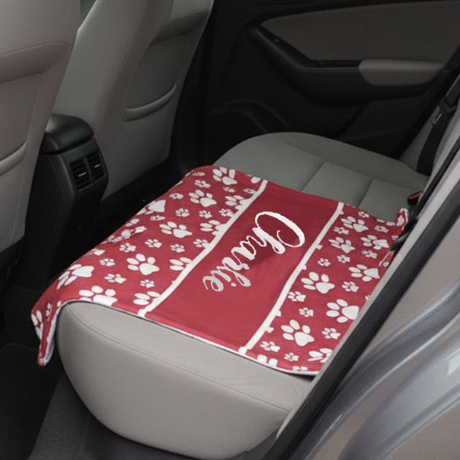 Cosy Paw Print Personalised Dog Blanket – Custom P (Red personalized dog blanket)