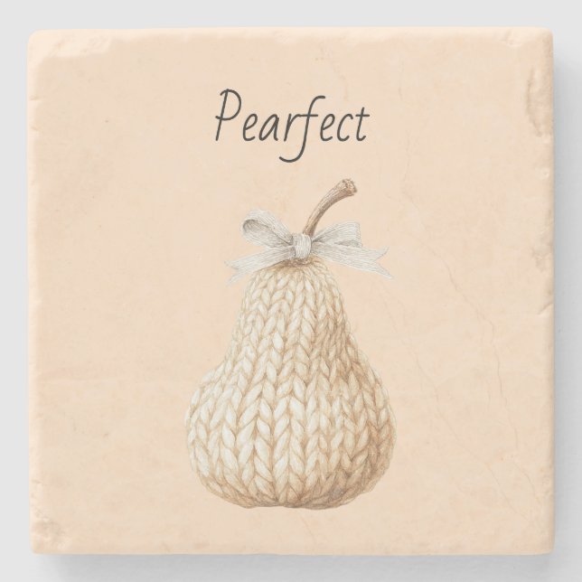 Cosy Peach Blush Pearfect Pear Fruit Stone Coaster (Front)
