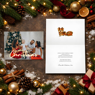 Cosy Photo Christmas Corgi Reindeer Sleigh Retro Foil Holiday Card
