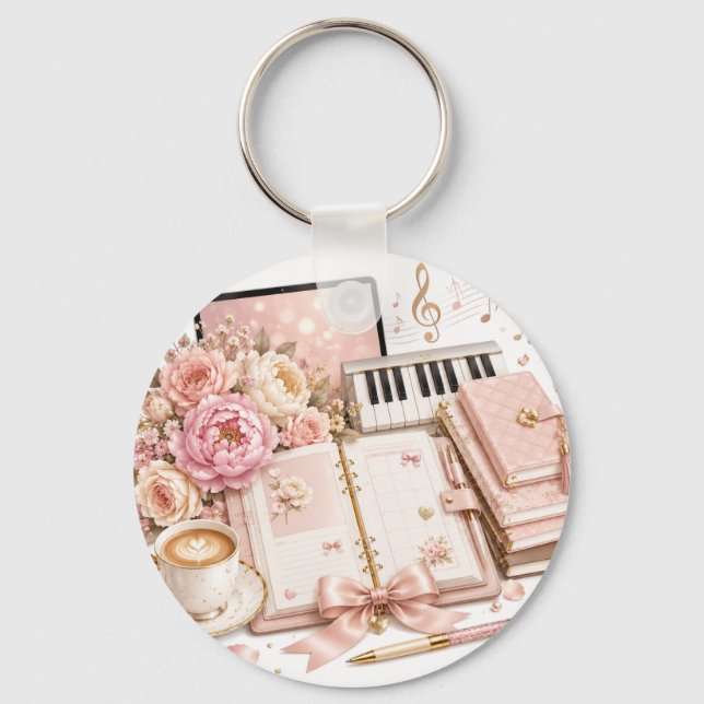 Cosy Piano Coffee Floral Keychain editable (Front)