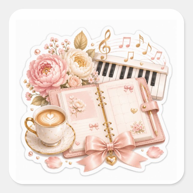 Cosy Piano Coffee Floral Stickers (Front)