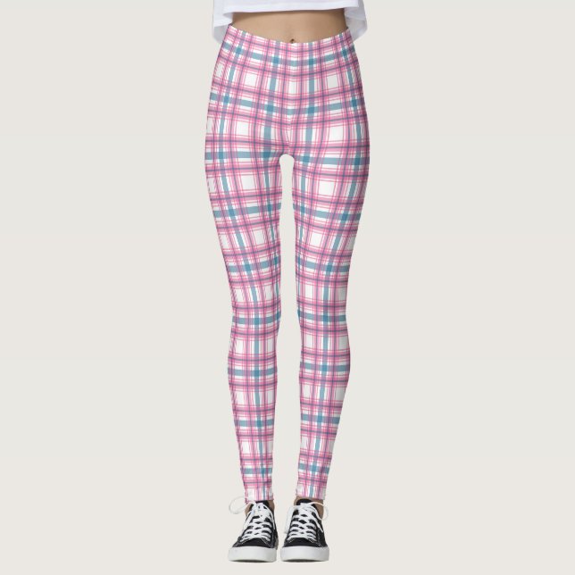 Cosy Pink And Blue Tartan  Leggings (Front)