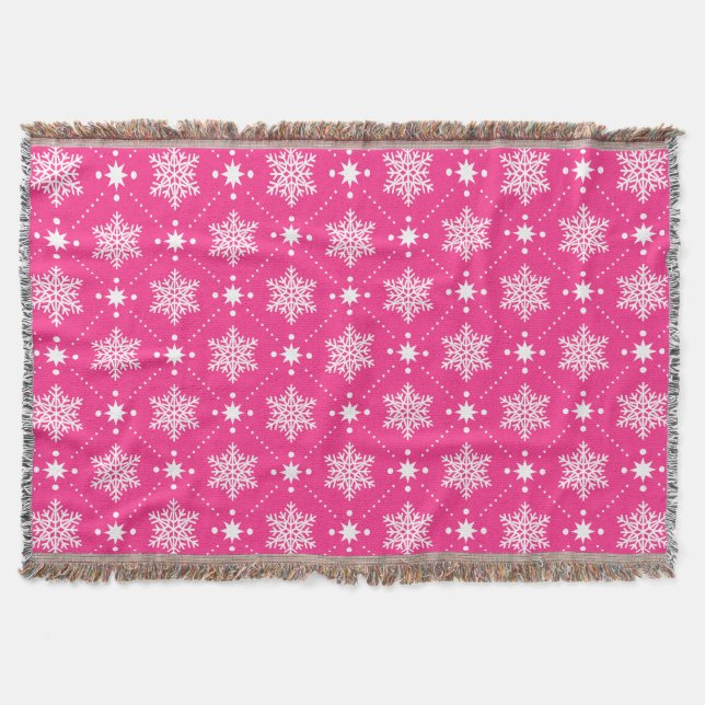 Cosy Pink And White Snowflakes Christmas Pattern Throw Blanket (Front)