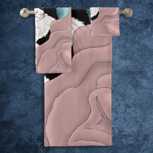 Cosy Pink Blue Whimsical Tuxedo Cat Blankets Bath Towel Set