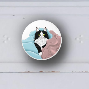 Cosy Pink Blue Whimsical Tuxedo Cat Blankets Ceramic Knob