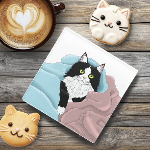 Cosy Pink Blue Whimsical Tuxedo Cat Blankets Glass Coaster