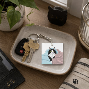Cosy Pink Blue Whimsical Tuxedo Cat Blankets Key Ring