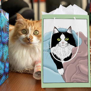 Cosy Pink Blue Whimsical Tuxedo Cat Blankets Medium Gift Bag