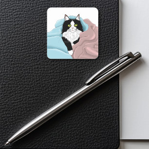 Cosy Pink Blue Whimsical Tuxedo Cat Blankets Square Sticker
