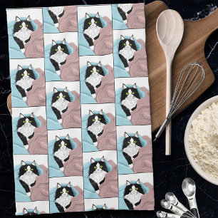 Cosy Pink Blue Whimsical Tuxedo Cat Blankets Tea Towel