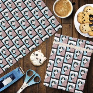 Cosy Pink Blue Whimsical Tuxedo Cat Blankets Wrapping Paper