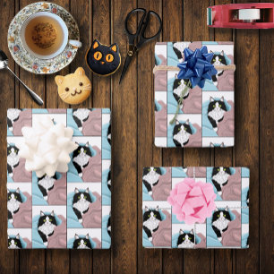 Cosy Pink Blue Whimsical Tuxedo Cat Blankets Wrapping Paper Sheet