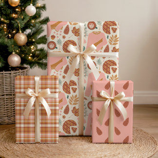 Cosy Pink & Brown Pinecones Plaid Holiday Sweater Wrapping Paper Sheet