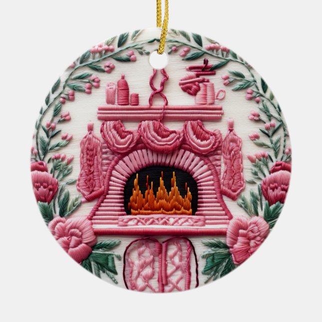 Cosy Pink Christmas Fireplace Ceramic Tree Decoration (Front)