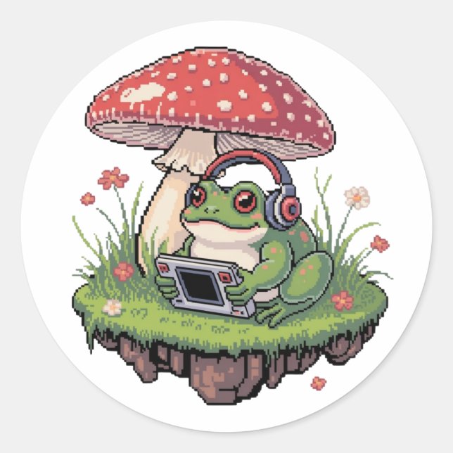 Cosy Pixel Gamer Frog Mushroom Classic Round Sticker (Front)