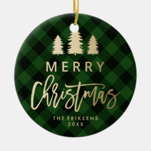 Cosy Plaid Green and Black Buffalo Plaid Photo Ceramic Tree Decoration