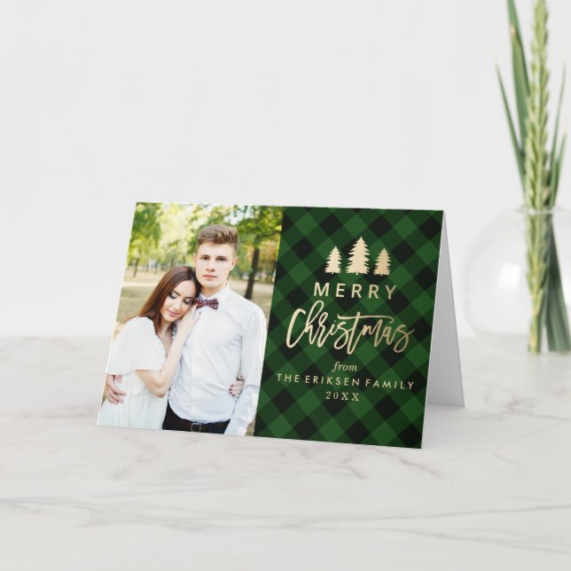 Cosy Plaid Holiday Photo Greeting Card in Green (Front)