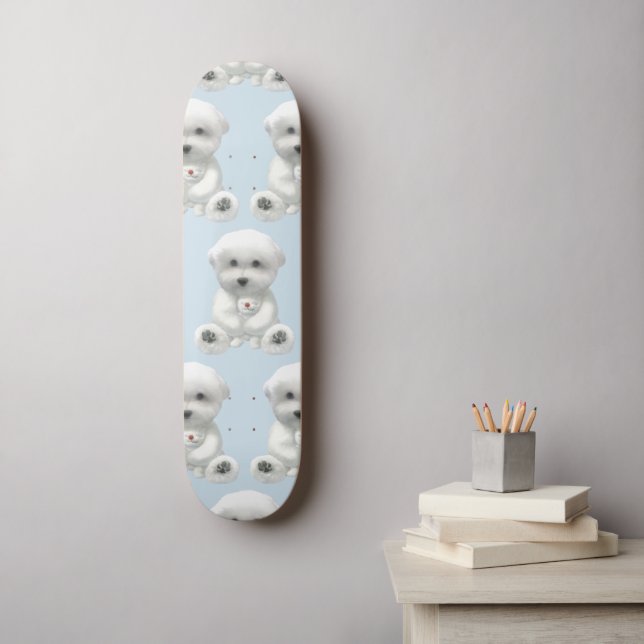 Cosy Plush Moment: Smiling Bichon Hugging Mini Pup Skateboard (Wall Art)