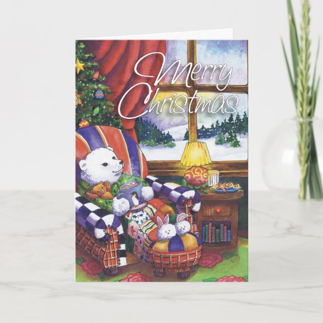 Cosy Polar Bear, Merry Christmas Holiday Card (Front)