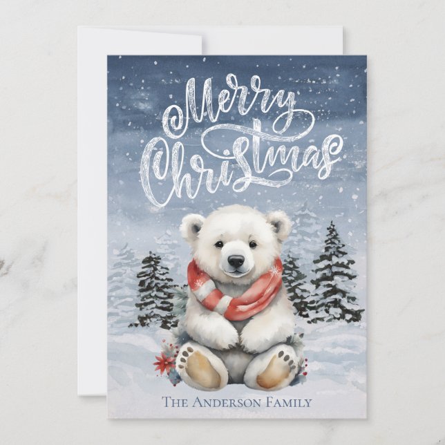 Cosy Polar Bear with Red Scarf Christmas Card (Front)