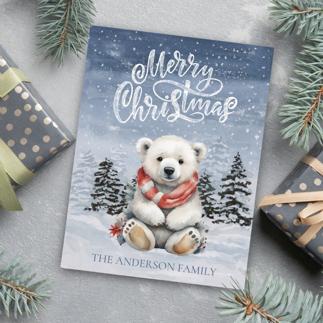 Cosy Polar Bear with Red Scarf Flat Christmas  Holiday Postcard (Cozy Polar Bear with Red Scarf Flat Christmas Holiday Postcard)