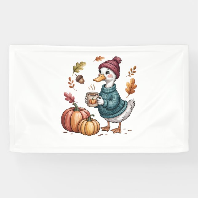 Cosy Pumpkin Coffee Goose Fall Art Banner (Horizontal)