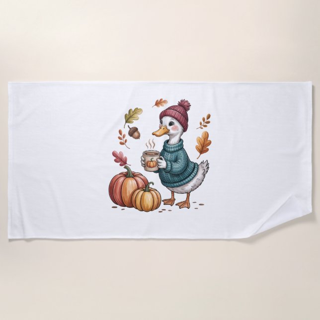 Cosy Pumpkin Coffee Goose Fall Art Beach Towel (Front)