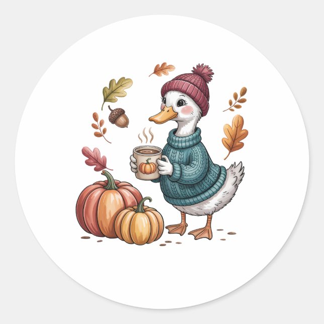 Cosy Pumpkin Coffee Goose Fall Art Classic Round Sticker (Front)