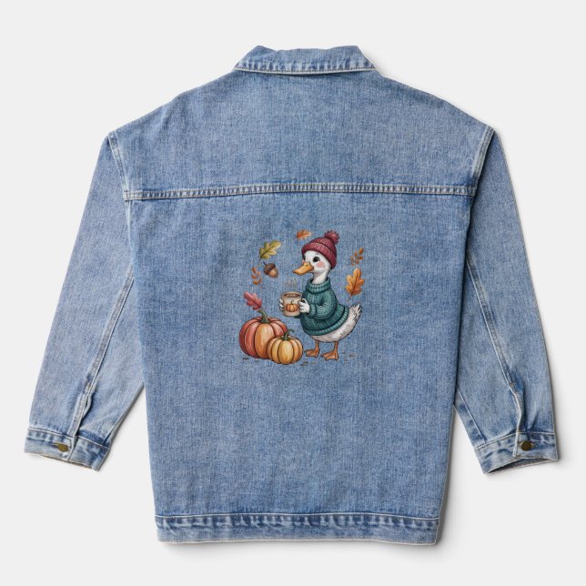 Cosy Pumpkin Coffee Goose Fall Art Denim Jacket (Back)