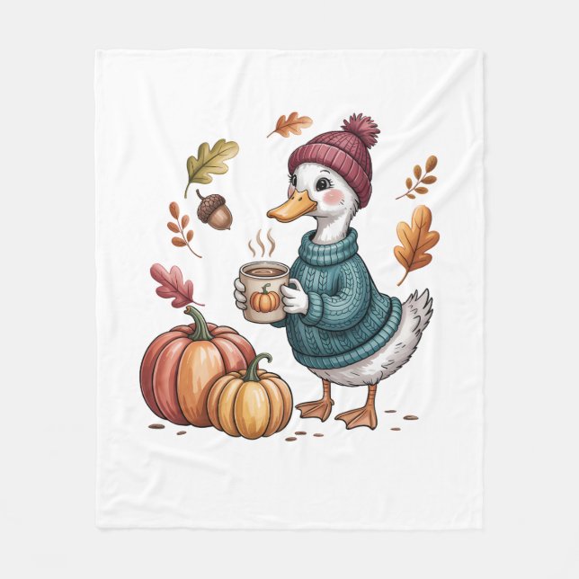 Cosy Pumpkin Coffee Goose Fall Art Fleece Blanket (Front)