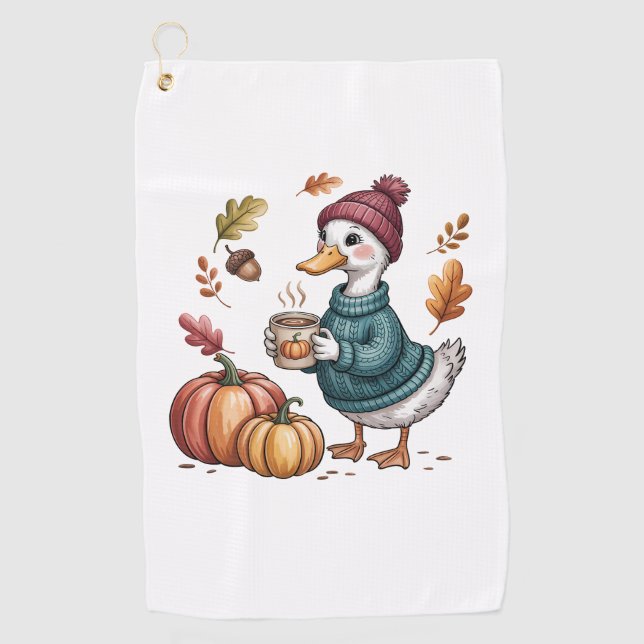 Cosy Pumpkin Coffee Goose Fall Art Golf Towel (Front)