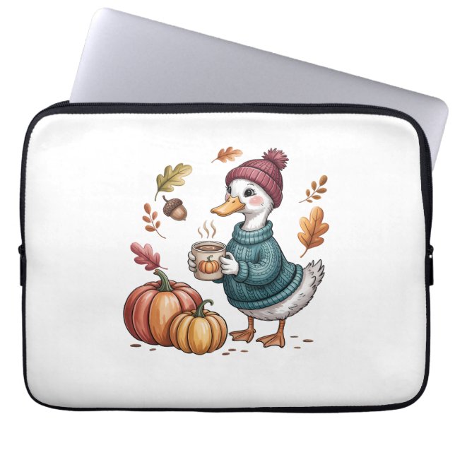 Cosy Pumpkin Coffee Goose Fall Art Laptop Sleeve (Front)