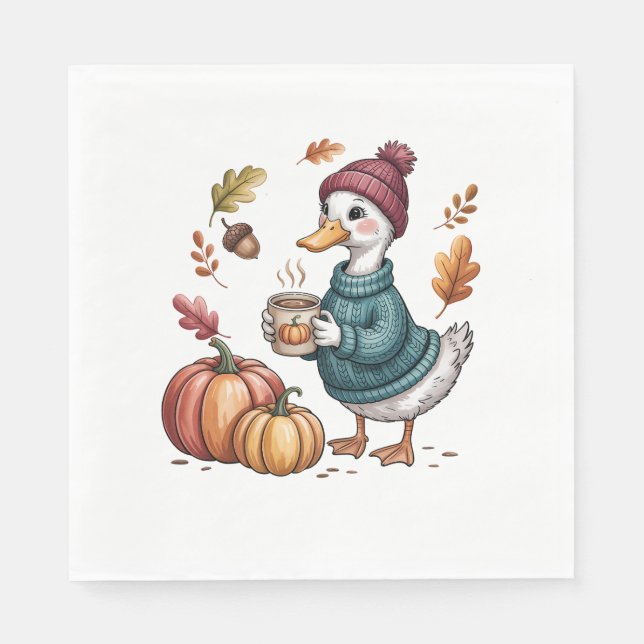 Cosy Pumpkin Coffee Goose Fall Art Napkin (Front)